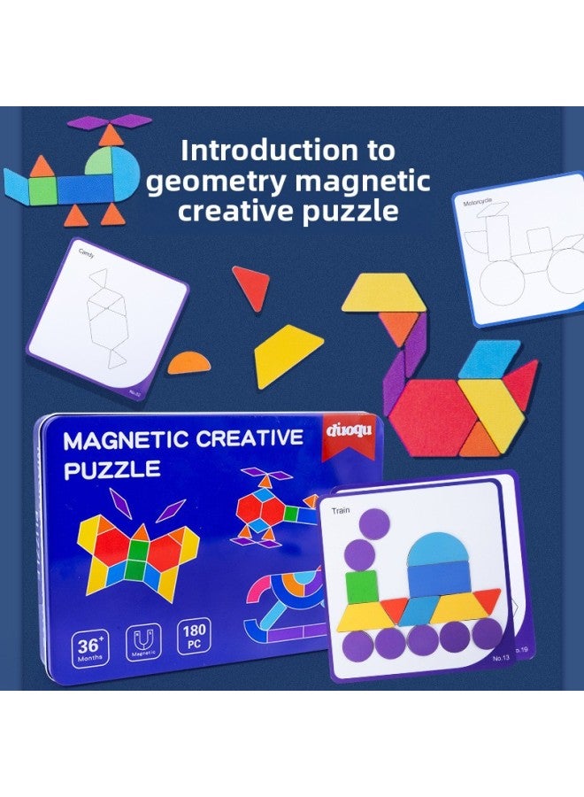 Wooden Magnetic Geometric Puzzle Iron Boxed Children's Early Education Educational Toys Puzzle Puzzle-Color:Iron Box Magnetic Geometric Puzzle - Image 3